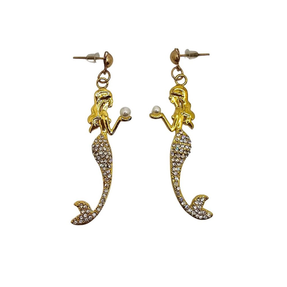 Mermaid Earrings Sparkly Dangling Shimmery Gold Plated Pave Crystals Faux Pearls